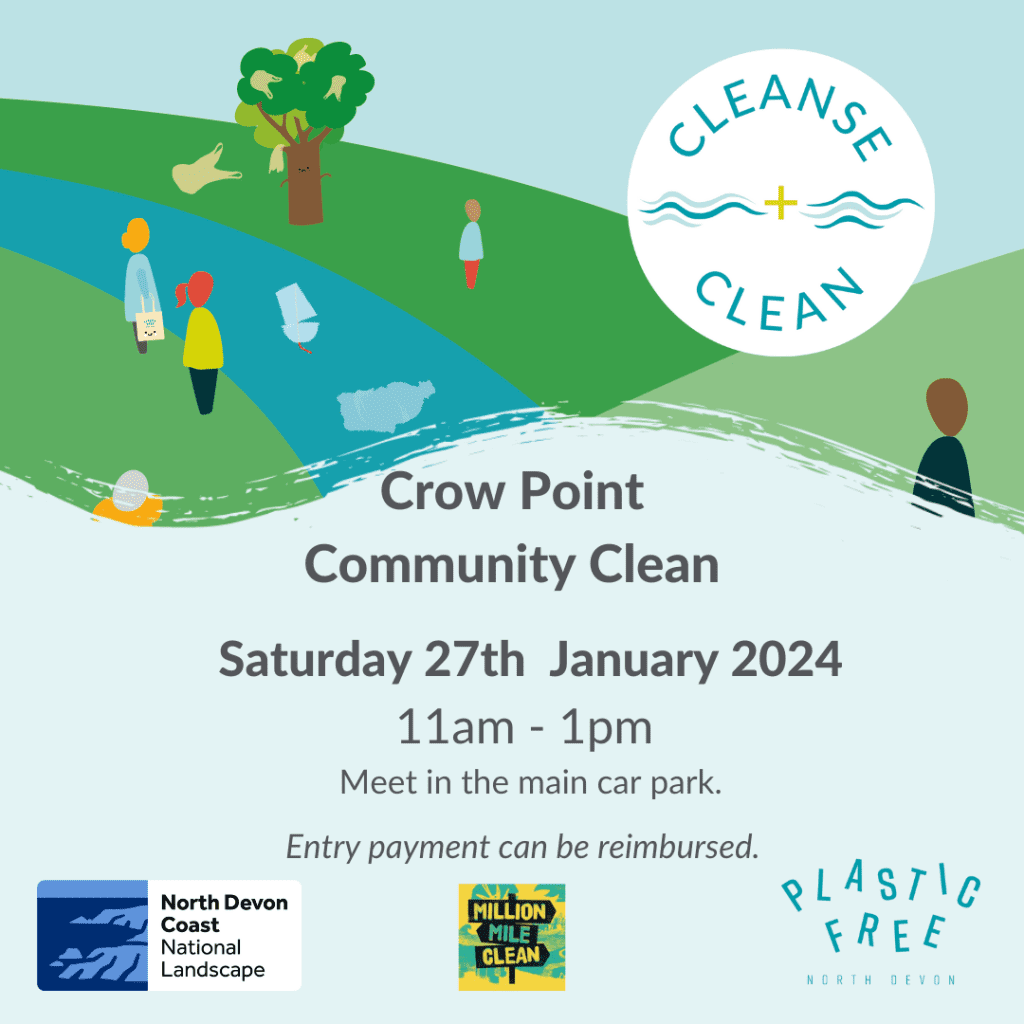 Poster promoting the Crow Point Community Clean with the date and time. Shows an image of cartoon people and litter.