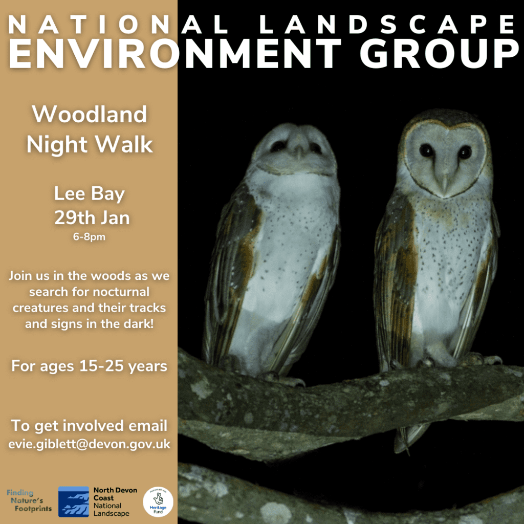 National Landscape Environment Group Woodland Night Walk poster describing the event
Lee Bay 29th January 6-8pm
Join us in the woods to search for nocturnal creatures and their tracks and signs in the dark!
For ages 15-25
Email evie.giblett@devon.gov.uk